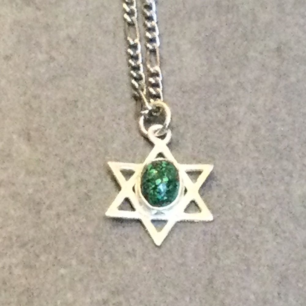 925 Star of David pendant with green stone in center and 9” necklace